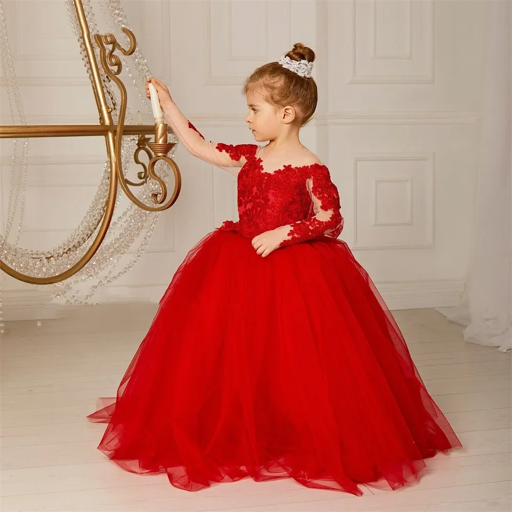 New Red Fluffy round neck with Long Sleeves Flower Girls Dresses Beautiful Bridesmaid Birthday Backless Lace Bow Appliques