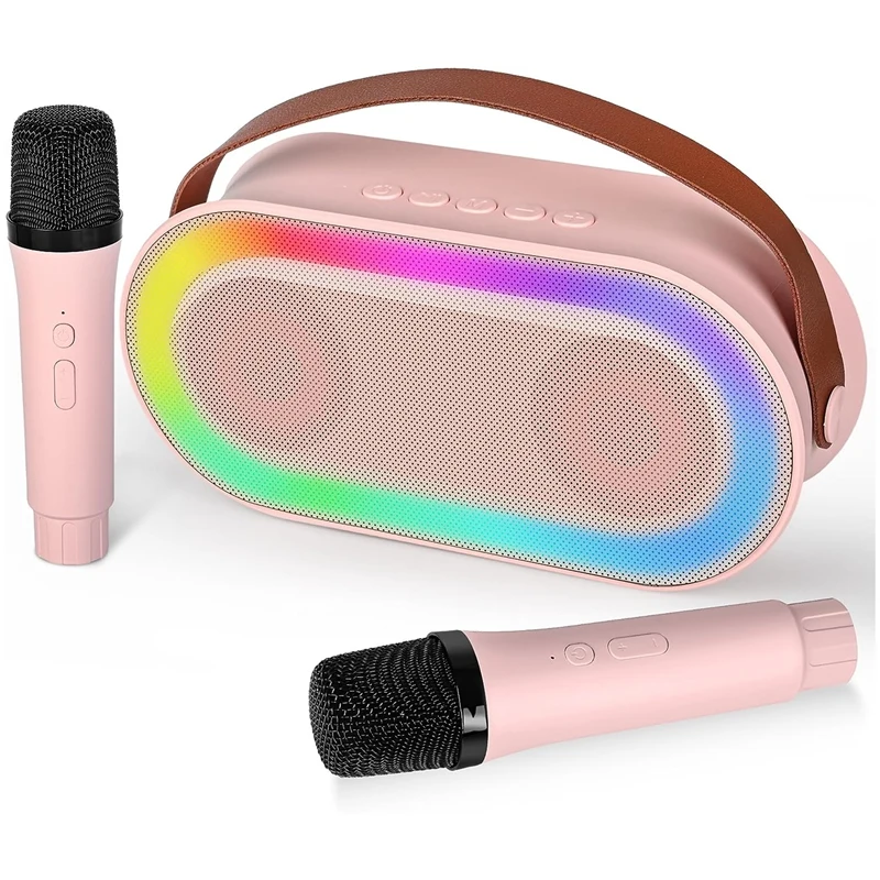 Mini máquina de karaoke, juego de altavoces Bluetooth portátiles con 2 micrófonos inalámbricos con luces LED (rosa) fácil de usar