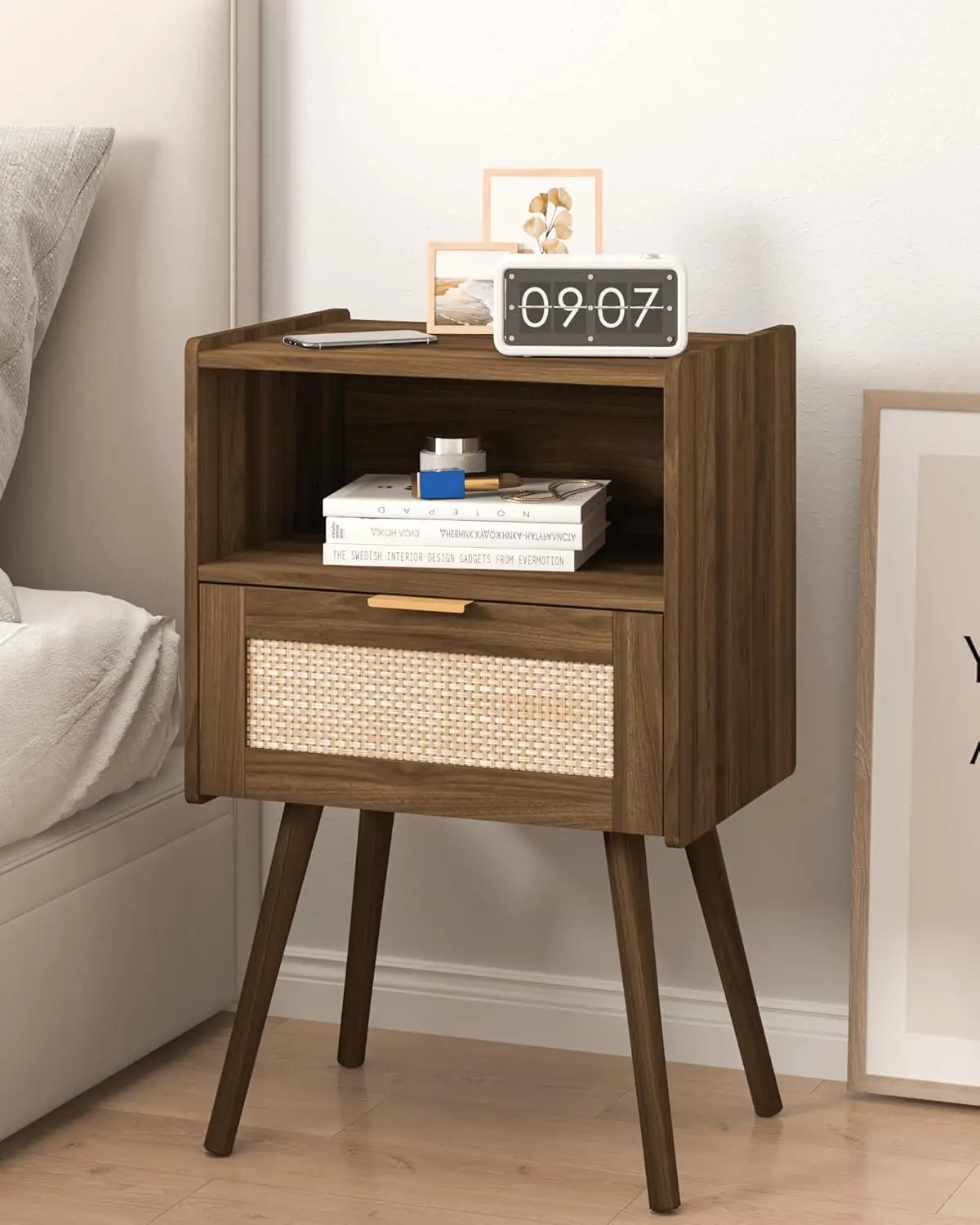 

Modern Rattan Nightstand with Storage Drawer and Open Shelf, Walnut Brown, Solid Wood Legs, for Bedroom or Small Spaces