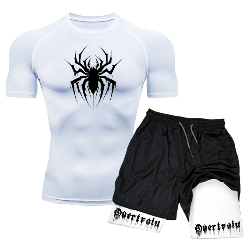 Men\'s Workout Compression Set Y2K Spider Printed Gym Tshirts Breathable Running Shorts Quick Dry Sports Rash Guard Sportwear Set