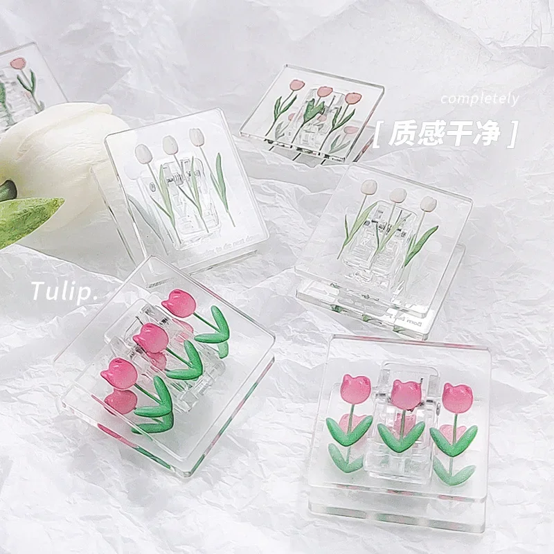 INS Small Fresh Tulip Transparent Acrylic Square Clips Note Paper File Organizer Clamp Snack Seal Clip School Office Accessories