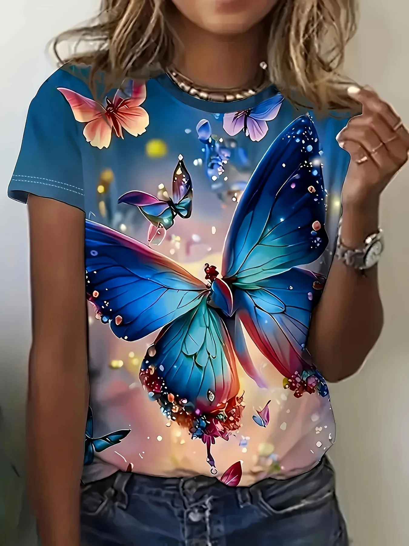 Blue Fantasy Women's Tee - Glowing Butterfly Graphic, Vibrant Iridescent Print Design for Casual Daily Wear