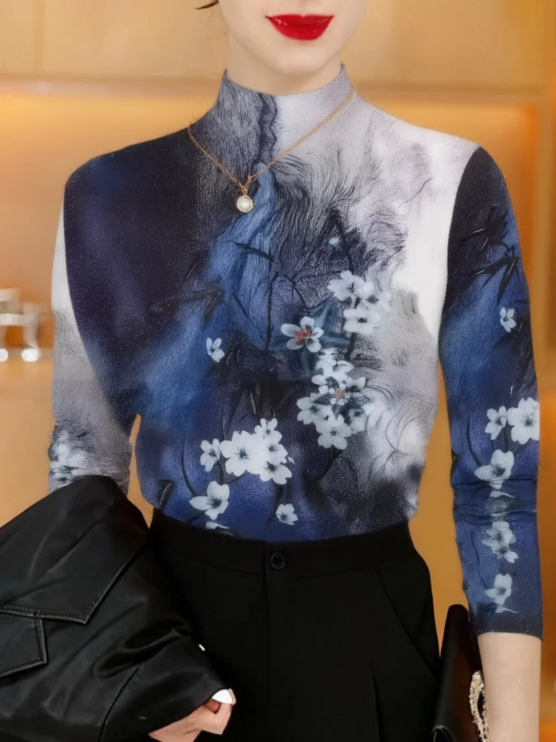 

Women's Fleece Lined Long Sleeve High Neck Print Base Shirt Slim Fit Versatile Elegant Top Middle Age Women's Fashion