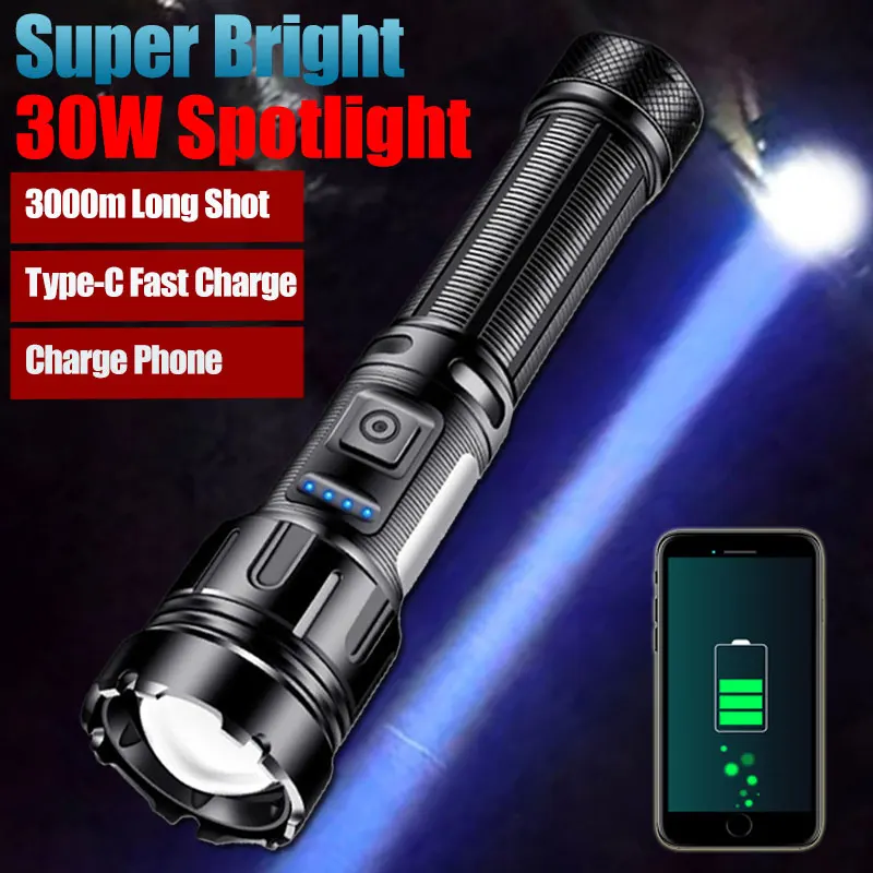 5000 Meters Long Throw LED Flashlight COB Work Light Type-C Rechargeable Spotlights 10000000Lumen White LED Tactical Flashlights