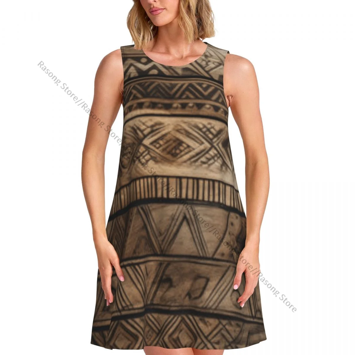 O Neck Sleeveless Above Dress Engraved Tribal Rustic Wooden Women Casual Knee Women's Dress Maxi Dresses
