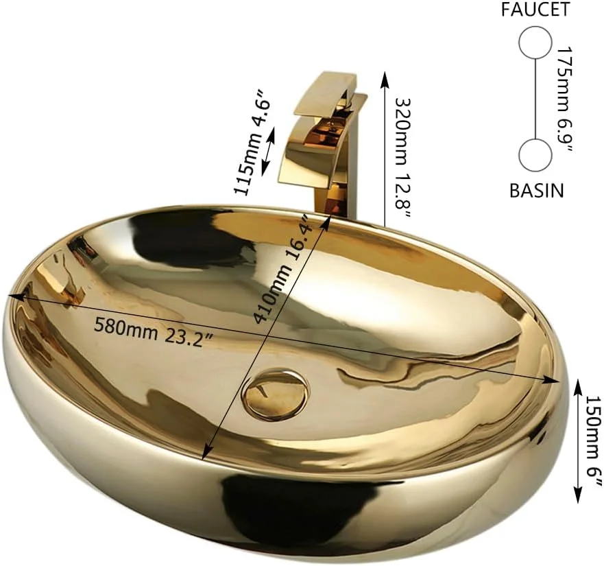 ZAPPO 23 Inch Bathroom Vessel Sink Gold Ceramic Sink Bowl Above Counter Oval Bathroom Sink with Waterfall Faucet Drain Combo
