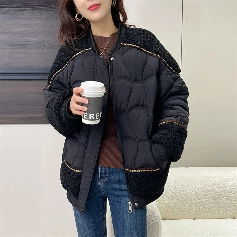 New Color Matching Thick Cotton-Padded Jacket Women Stitching Warm Loose Top Fashion Parkas Coats Loose Large Size Cotton Coat