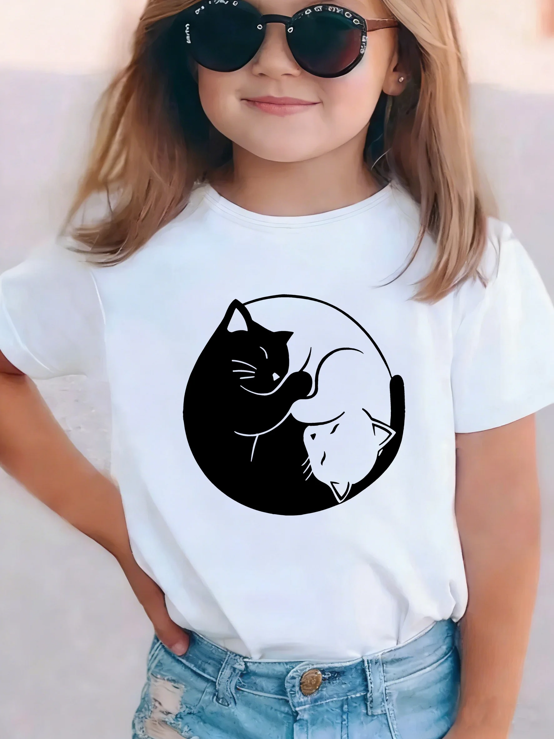 Cute Cat Graphic Kids Tshirts Summer Short Sleeve Tees Cartoon Animal Boys Girls Clothes Kawaii Kitten Tops Y2K Children T-shirt