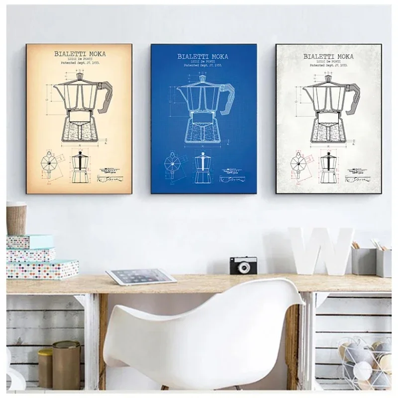 1pc frameless Canvas Painting Coffee Pot Patent Posters and Prints Bialetti Moka Poster Coffee Blueprint Art Picture Canvas Pain