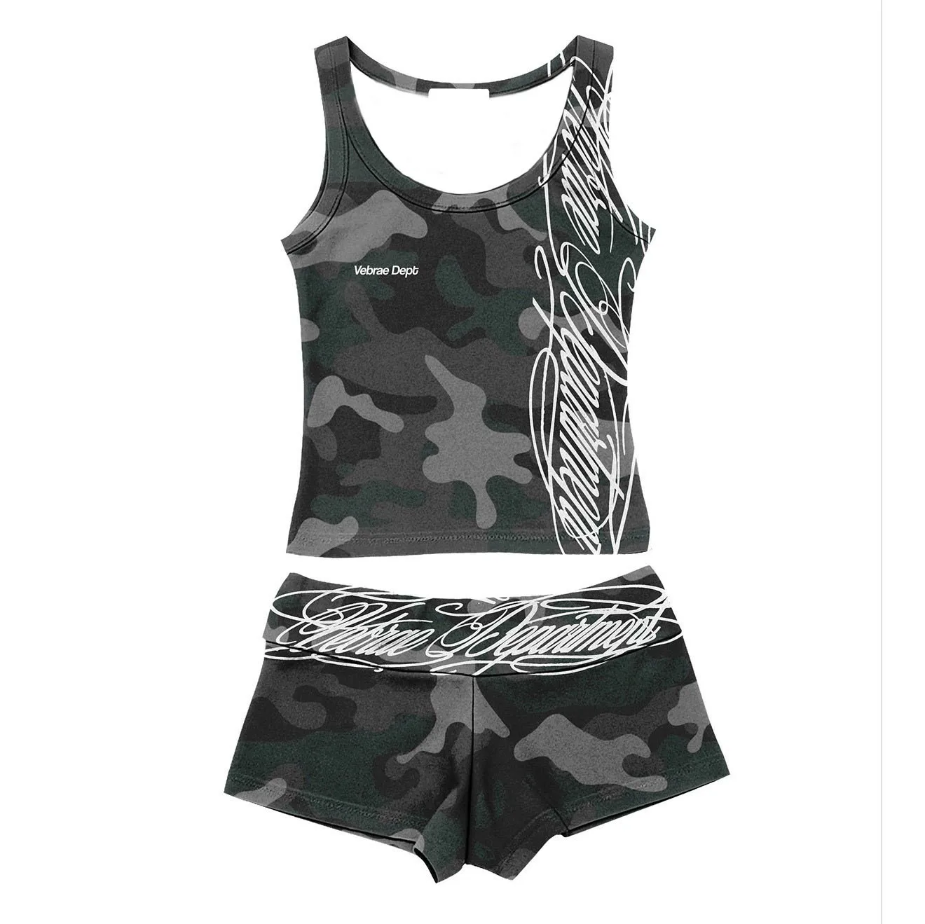 Y2K Damen Camouflage-Print 2-teiliges Outfit-Set Gothic Graffiti Buchstaben U-Ausschnitt Crop Top Tiefsitzende Shorts Sommer Streetwear Casual Lo – Detail 11