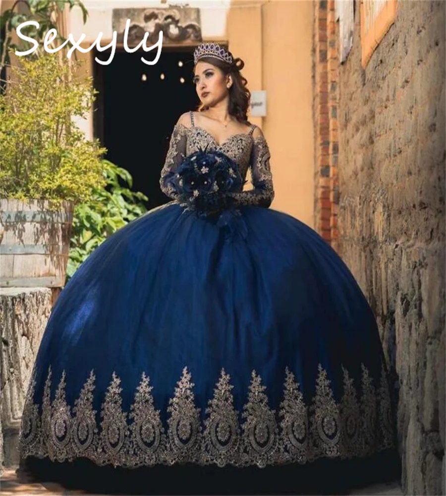 Princesa azul marinho quinceanera vestido com apliques de ouro manga longa espartilho vestidos de xv años dezesseis aniversário personalizado