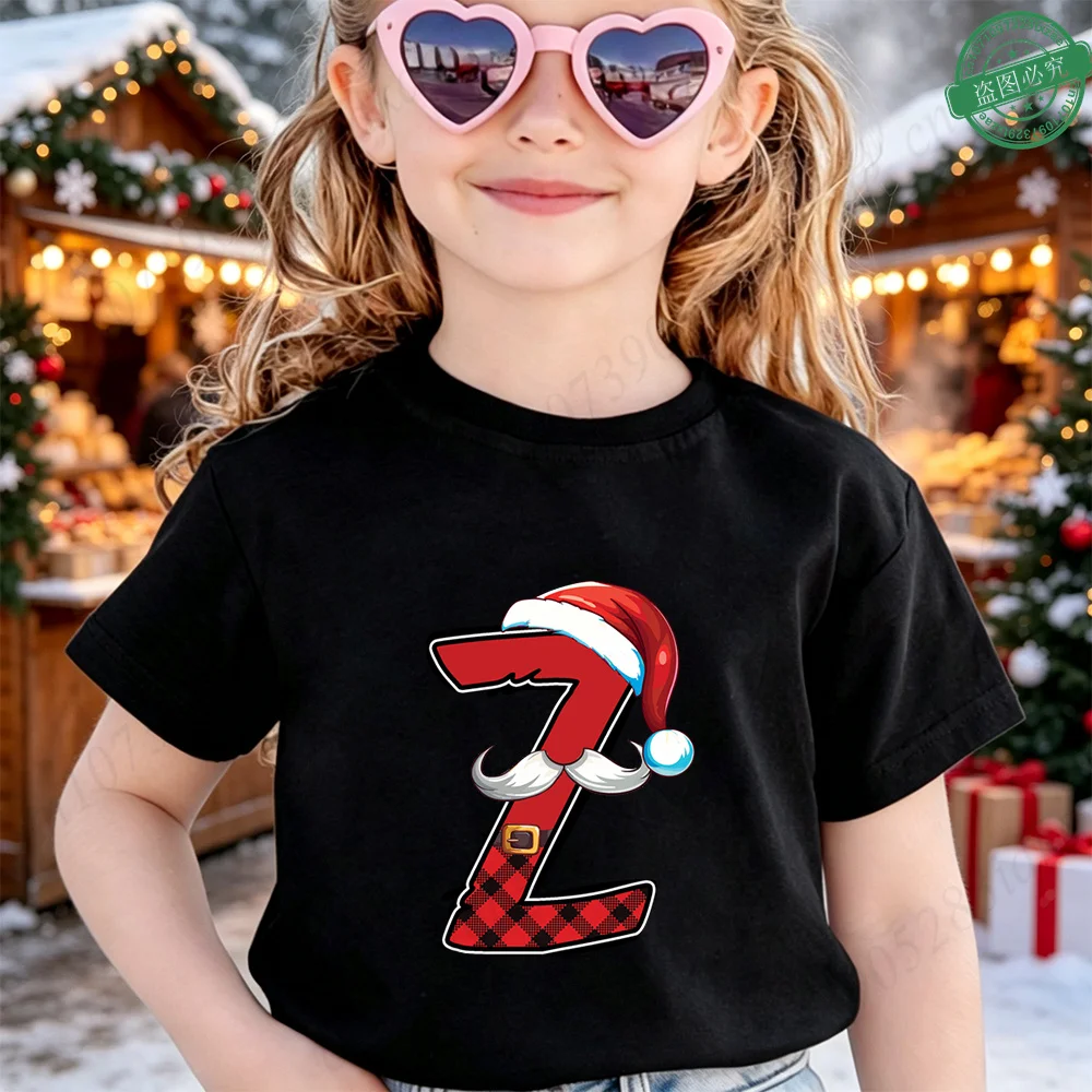 Boys Girls Xmas Party Kids Tee Festive Plaid Santa‑Style A‑Z 26 Letter Christmas Graphic Cotton Short Sleeve Casual Children Top