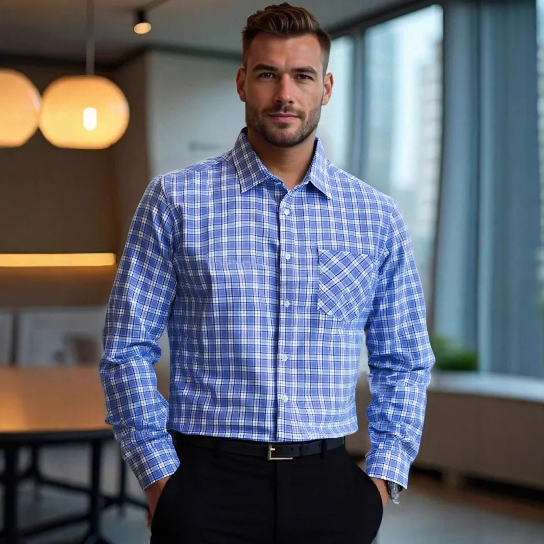 Camicia da uomo scozzese con risvolto multicolore casual da lavoro