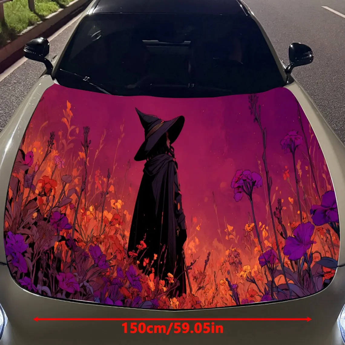 Dark Witch in Flower Field Car Hood Vinyl Wraps Sticker, Fashionable Auto Cover PVC Decal, Waterproof Self-adhesive Vehicle Deca
