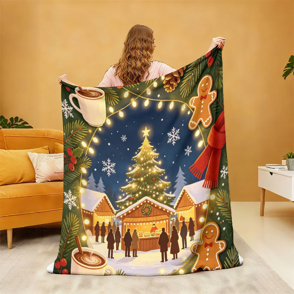 1pc Christmas market night view flannel blanket flannel blanket for leisure sofas a blanket for taking a nap during breaks