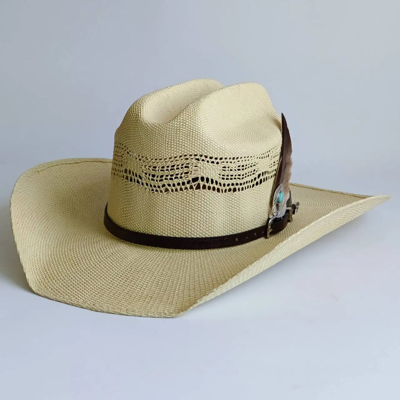 VINTAGE Handmade Straw Cowboy Hat Feather Band Summer Sun Panama Raffia Cowgirl Beach Shell | Western Cowboy Hat For Women Men Cowgirl Hat  main image 2