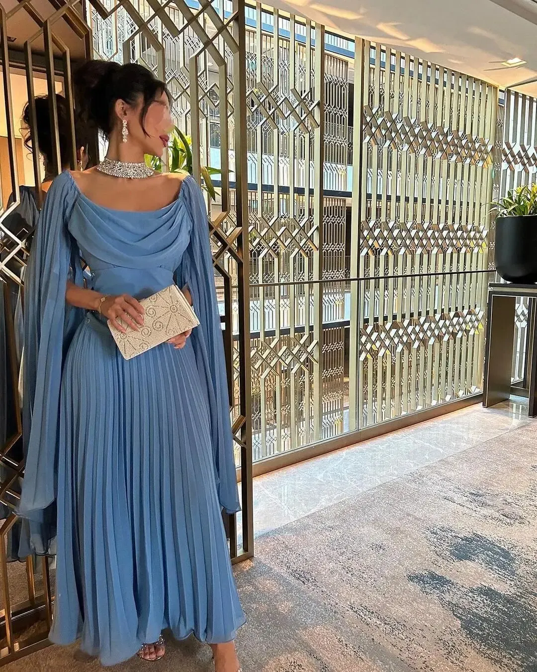 Gaun Prom Pesta biru gaun malam lengan panjang sifon leher persegi gaun Formal wanita Arab Saudi Vestido الحفلات Dresses