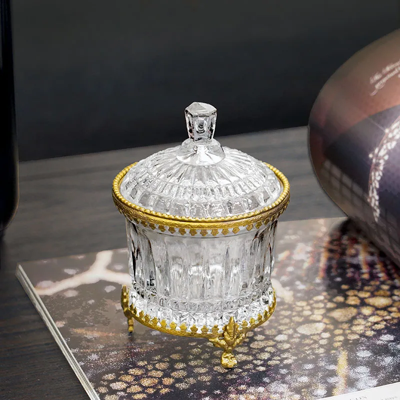 Round Brass Glass Storage Jar with Lid Cotton Swab Jar Art Storage Jar Candy Bottle Hand Home Decoration Storage Ornament
