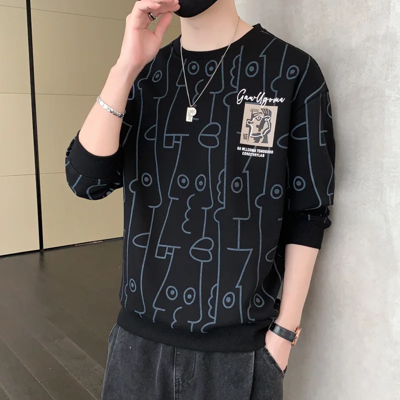 High quality sweatshirts for men long sleeve cartoon print pullover spring autumn 2024 tending clothing - black grey white