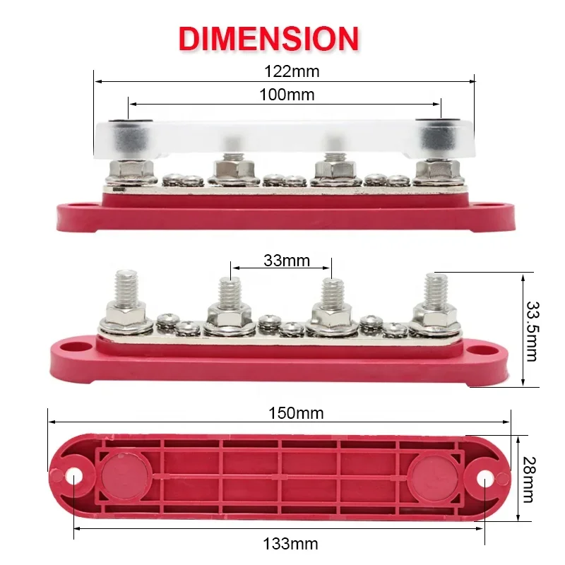 BB150-4M8 Electric Battery 4 Stud Busbar Power Distribution Terminal Block Positive Ground  M8  Terminal Connector for Car Truck