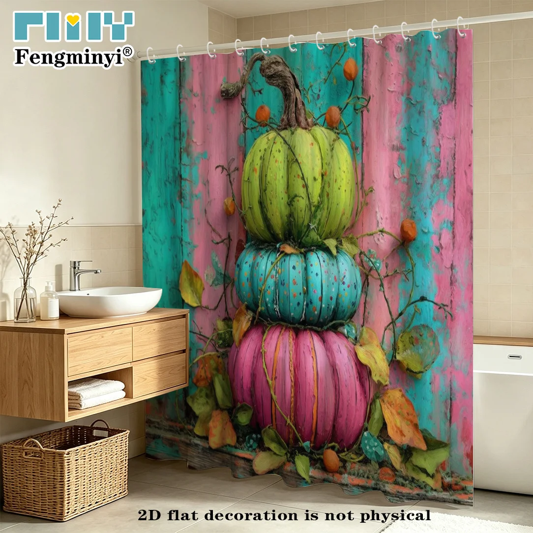 2D Flat, 2D Flat, 2D Flat Shower Curtain 1pc Halloween Bath Curtain Multicolor Stacked Pumpkins with Country Style Leaf Decor Ba