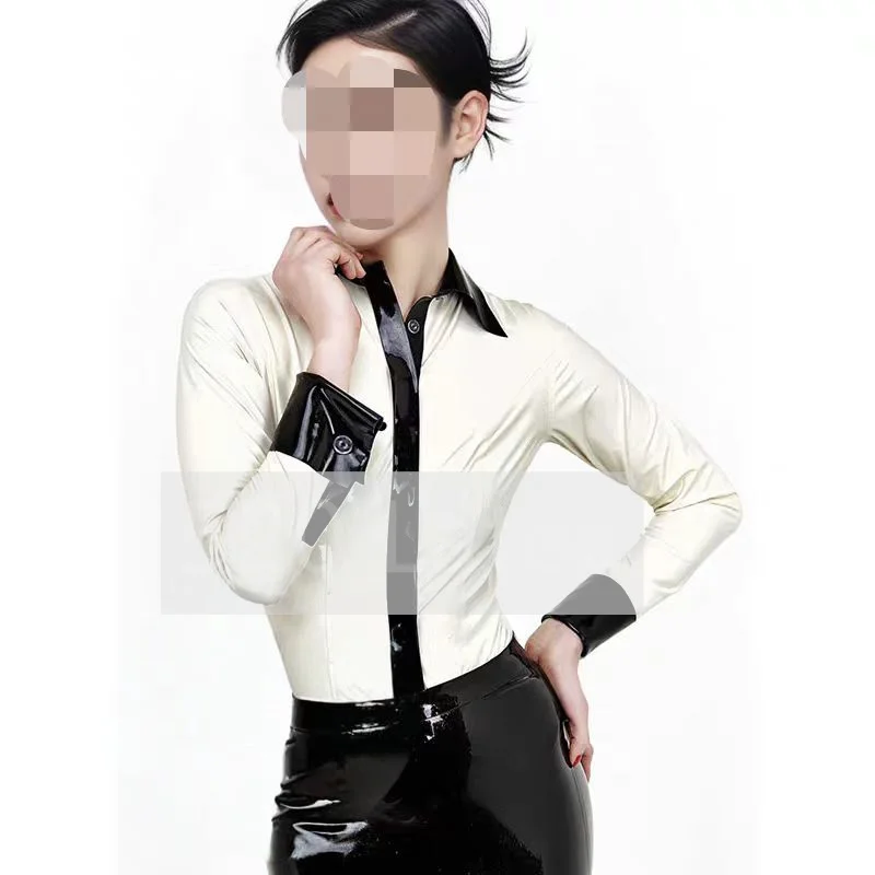 

Белые и черные женские латексные футболки с длинными рукавами, сексуальные резиновые топы для фитнеса, латексные сценические топы на пуговицах, латексная клубная одежда на Хэллоуин