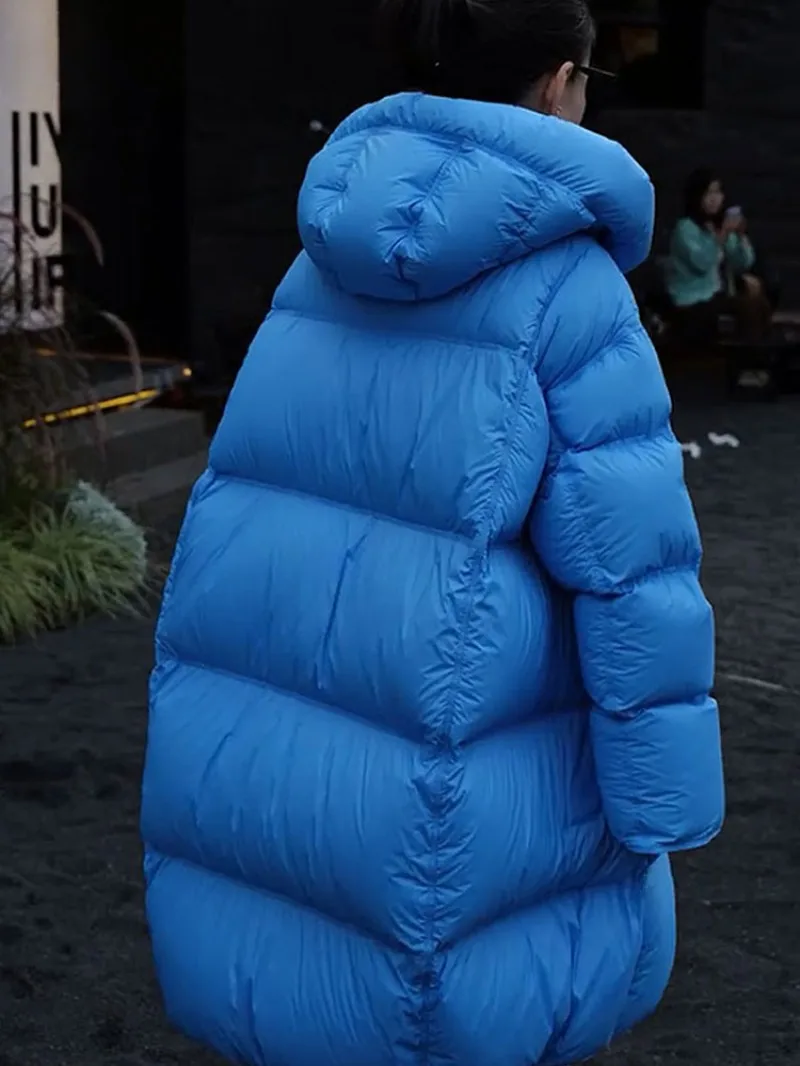 Korean Style Women Blue Hooded Down Jacket Single Breasted Loose Fit Warm Mid-length Puffer Jackets Autumn Casual Long Outerwear
