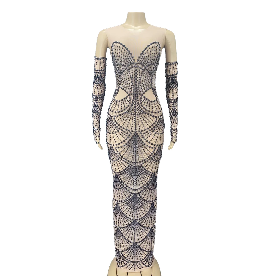 

Luxury Sparkly Rhinestone Mesh Sexy Maxi Dress Birthday Women Long Sleeve Sheer Mesh Formal Party Prom Evening Gown Heizhenzhu