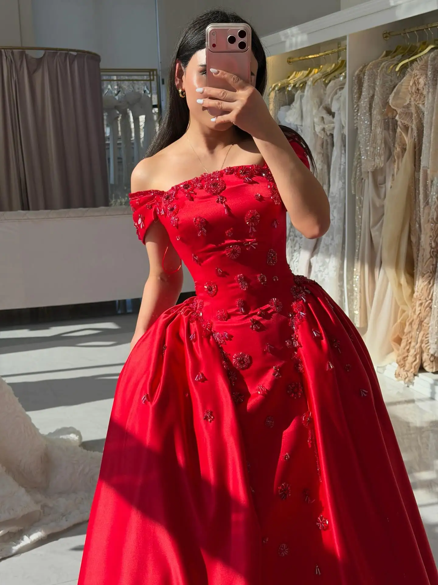 

Red Satin Beaded Prom Dresses Long for Women 2026 Overskirt Off the Shoulder Formal Evening Gowns Customized