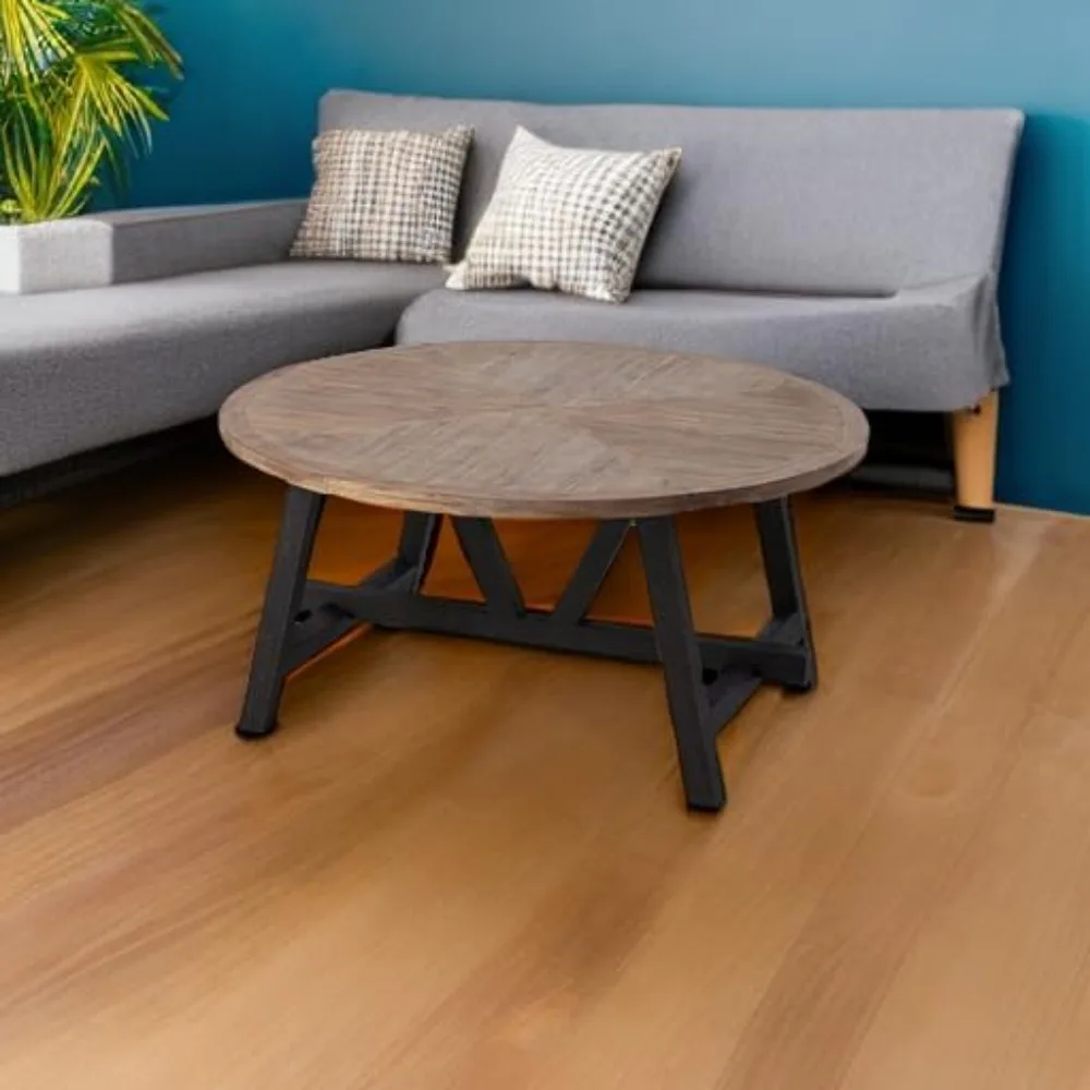 Rustic Farmhouse Coffee Table with Geometric Base, French Country Accent Table for Family, Dinning or Living Room, Modern, Round