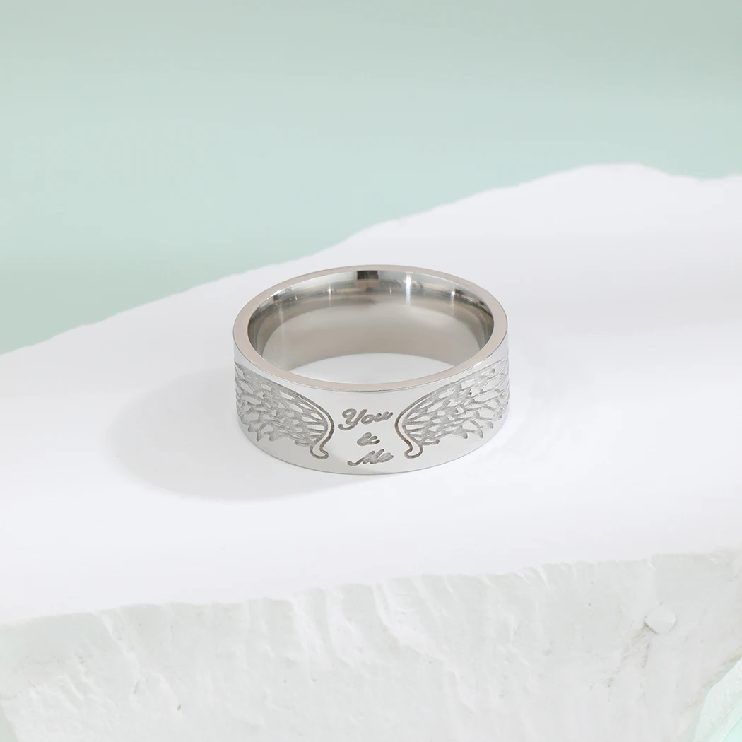 Kinitial Stainless Steel Engraved Angel Wings Women Ring You And Me Wedding Jewelry Dainty Rings Gift image 3