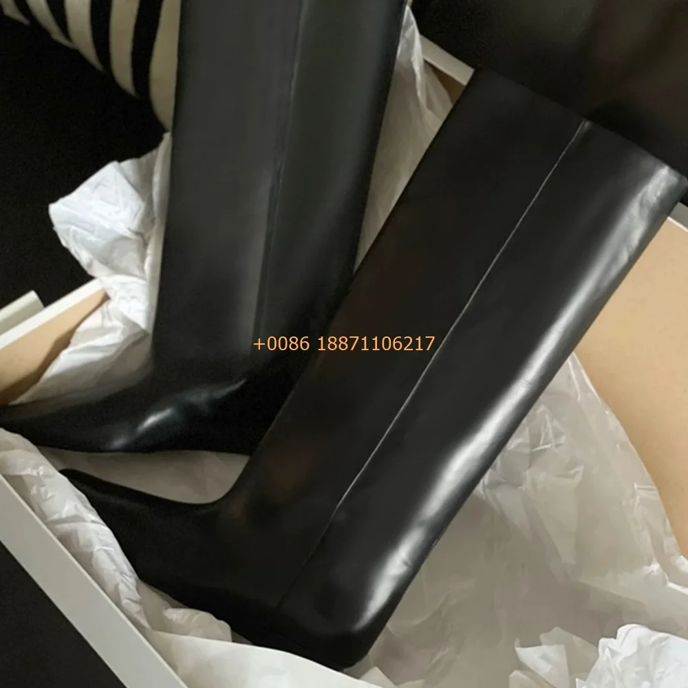 

Black Genuine Leather Ladies Chelsea Boots 2024 New Pointed Toe Model Catwalk Knee-High Knight Boots Party Casual Fashion Boots