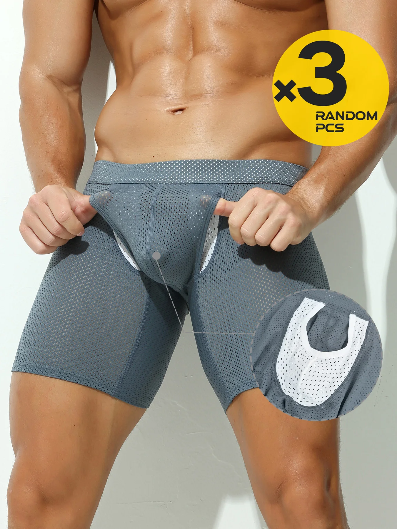 

Boxers Shorts Mesh Underwear Breathable U Convex Pouch Panites Man Solid Middle Long Leg Underpant Cueca Calzoncillo Random 3PCS