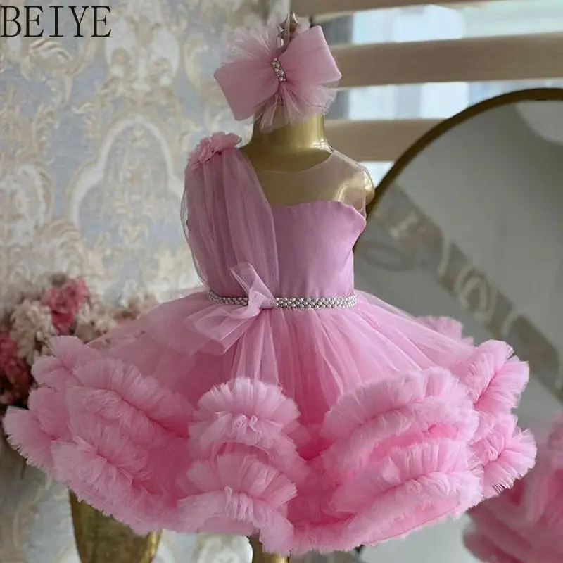 

Little Girl Catwalk Host Gown Dress Pink Color Flower Princess Sweet Dress Children's Fluffy Gauze Wedding Party Dress