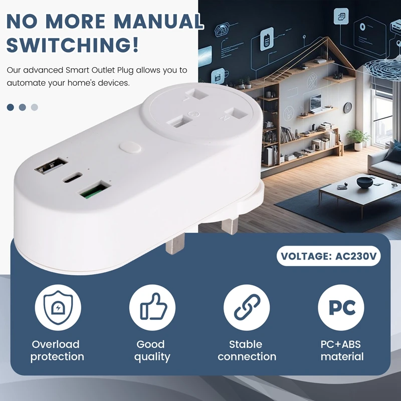 Smart Socket WiFi Plug 16A 2-Hole USB+Type-C Outlets 65W Remote Control Compatible UK Plug-ABWO