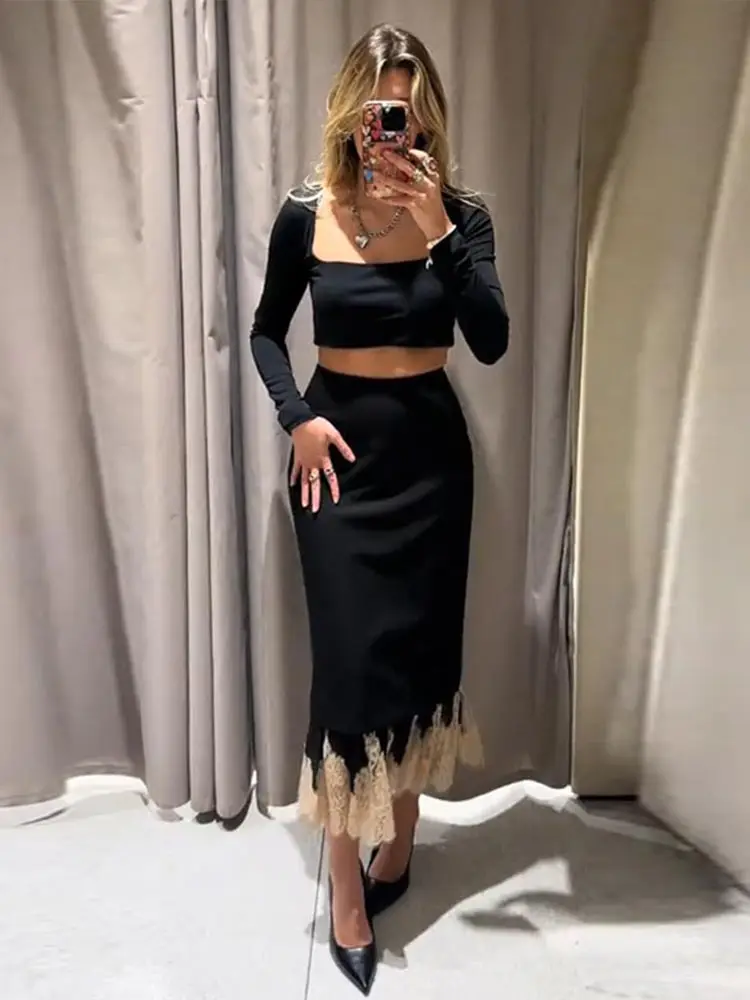 Sexy Patchwork Lace Midi Skirt Women Black High Waist Zipper Slim Hip Package Party Evening Bottoms Female 2026 Autumn