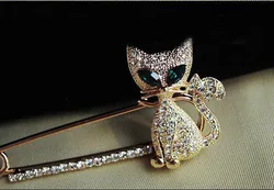 Fashion Jewelry Gold Color Animal Brooches Cute Green Eye Crystal Cat Brooches Pins For Woman Wholesale