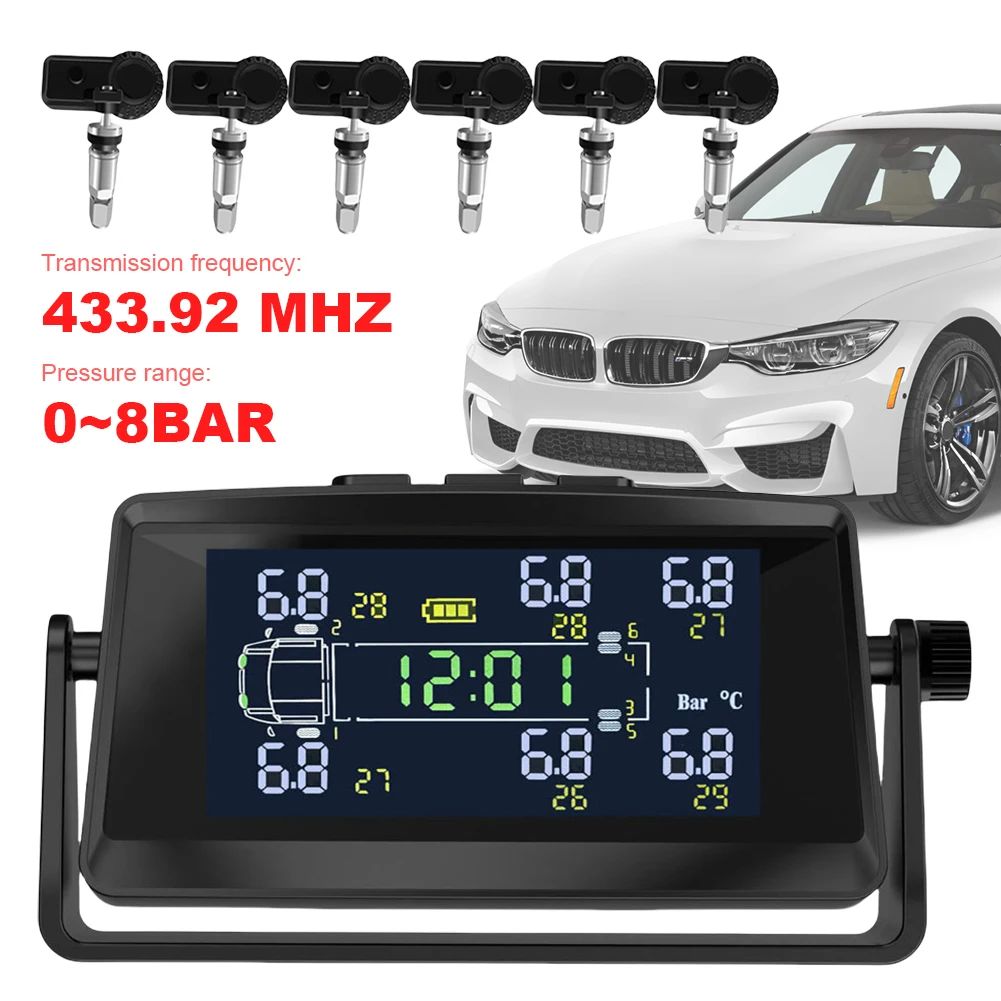 

USB/Solar TPMS with 6 Sensors Tire Pressure Monitor System Tyre Temperature Monitor for RV Trailer Truck