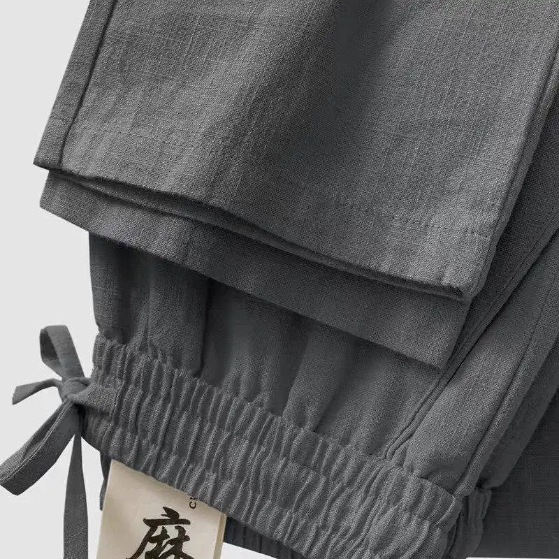 High-End Cotton Linen Pants Charcoal Grey Loose Straight Leg Summer Thin Long Casual Trousers for Men Breathable Comfortable