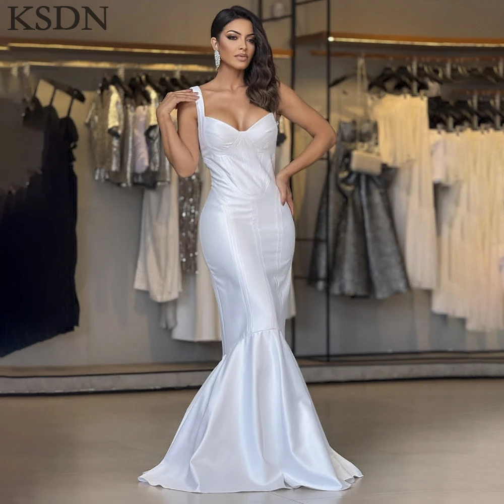 

KSDN Exquisite White Women's Evening Dresses Sleeveless Chapel Train Spaghetti Strap Mermaid Special Occasion Customized Dress