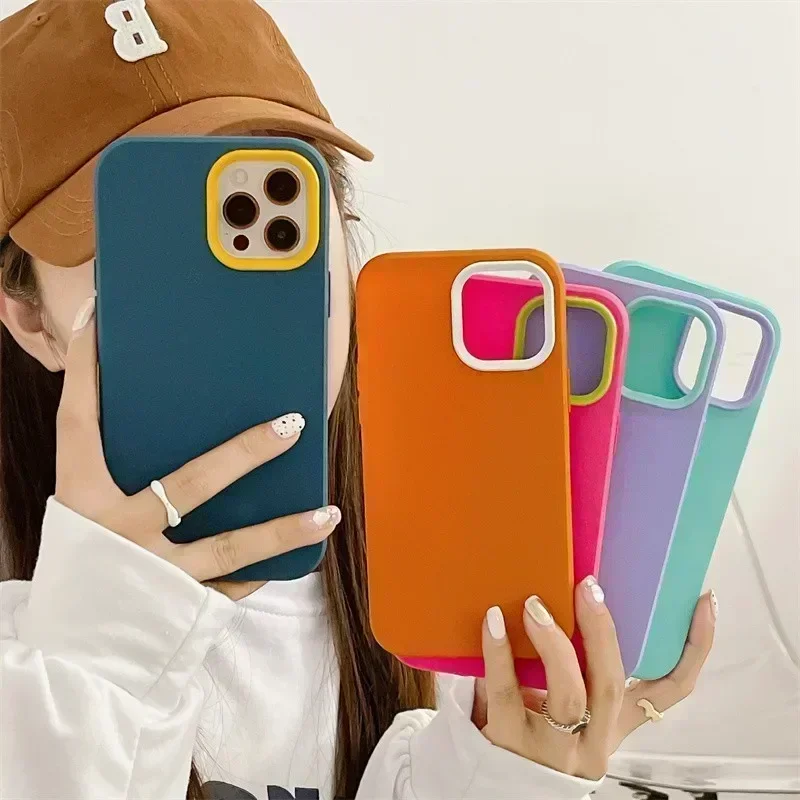 Luxury 3 in 1 Solid Color Detachable Case For iPhone 15 14 13 12 11 Pro Max Mini Quakeproof Soft Silicone Cover funda