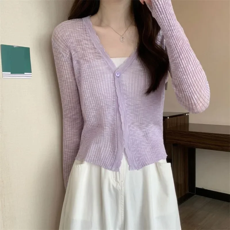 Knit Cardigan Ice Silk Crop Top Thin Sweet Women Single Breasted Buckle Korean Fashion Commuted Simple Casual Sunscreen Clothing