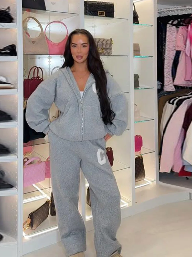 سترة متماسكة فستان أطفال مع سروال داخلي المرأة قطعتين مجموعة فضفاض سستة كم كامل بنطلون مستقيم 2025 الخريف جديد سيدة الزي