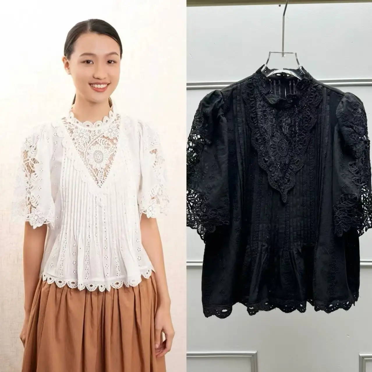 

Французская милая блузка с кружевной отделкой, ажурная, с пышными рукавами, плиссированным воротником, весна-лето, новинка, женская, свободного кроя, из хлопка...