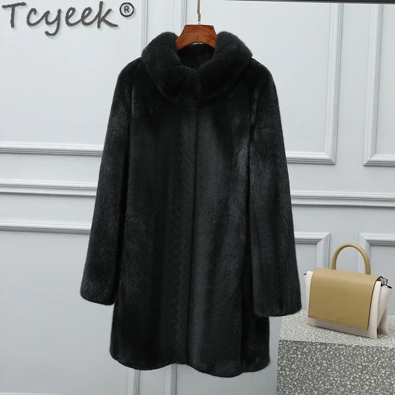 Tcyeek High-end Real Fur Coat Women 2023 Mid-long Natural Mink Fur Coats Warm Winter Women's Fur Jackets Elegant Fourrure Femme