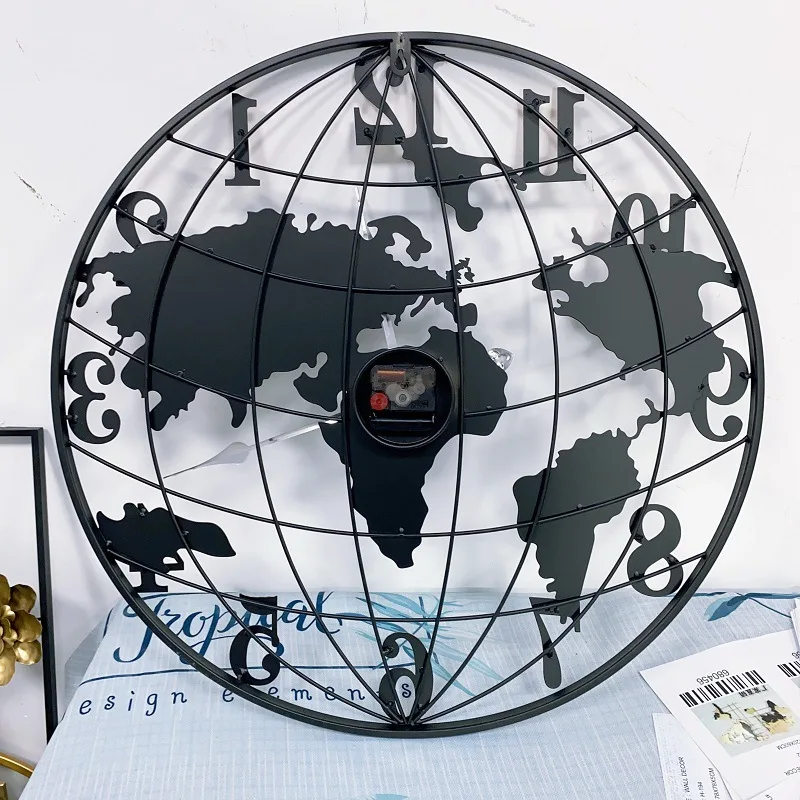 World map wrought iron wall clock round fashion simple living room entrance art wall decoration clock decoration wall hanging cr