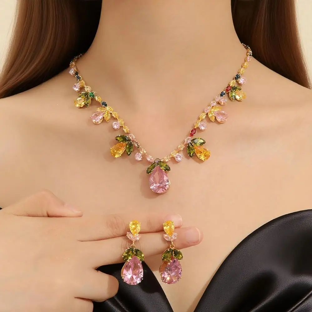 

3Pcs Waterdrop Zircon Crystal Necklace Earrings Set Colorful Delicate Rhinestone Jewelry Set Light Luxury Party