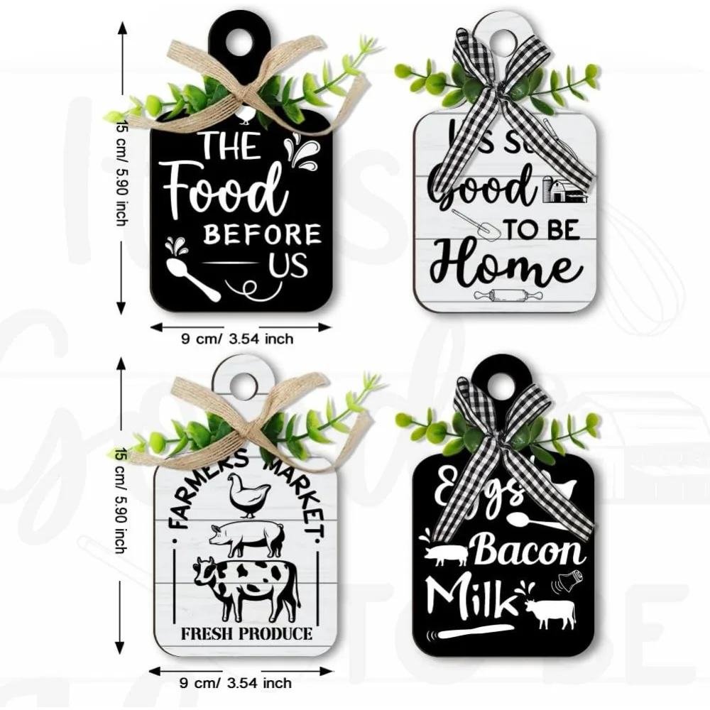 4pcs Farm Animal Eat Sign Kitchen Wall Decor Black and White Cutting Board Eat Sign Set Hanging Art Rustic Wooden Wall Vintage