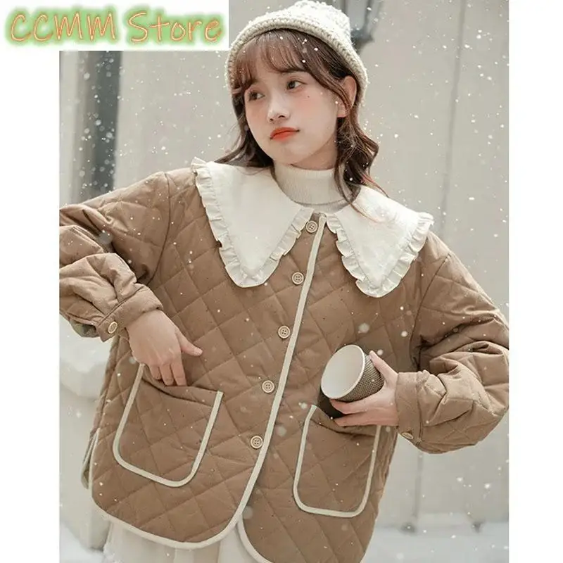 Splicing Doll Collar Women's Cotton Coat Autumn Winter New Foreign Female Rhombic Design Thick Jacket Warm Velvet Overcoat