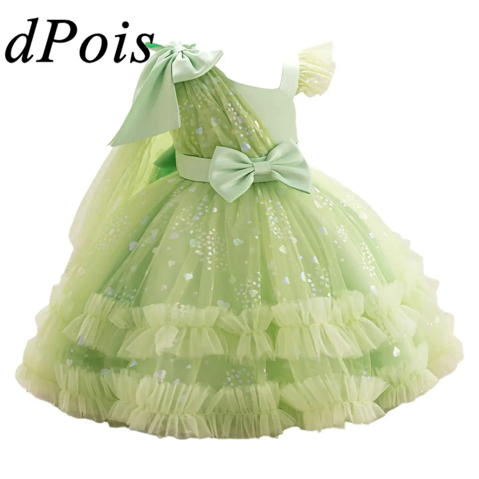 Baby Girls Dress Children Bowknot Ruffled Tutu Mesh Dress with Shawl for Cosplay Princess Birthday Party Celebration Prom Gown